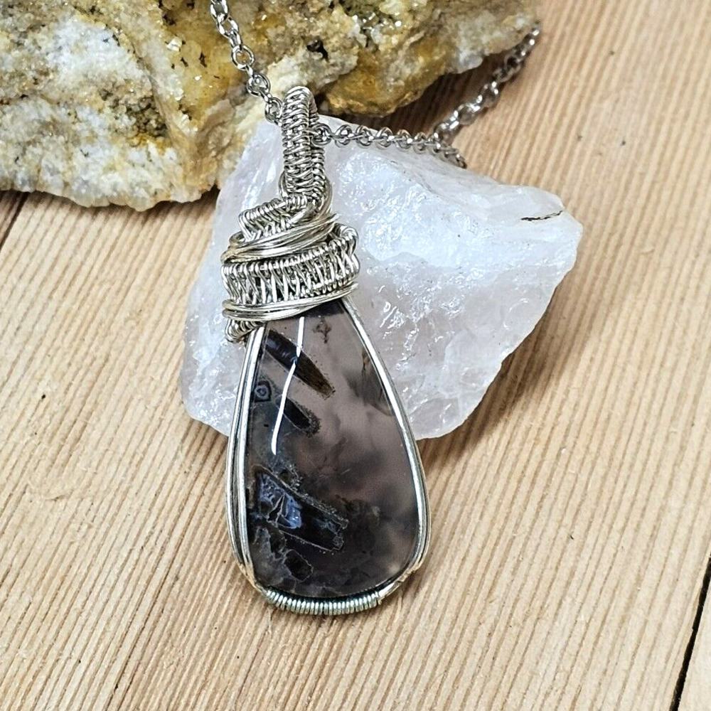 Turkish Stick Agate Necklace in Silver Handmade Pendant Gemstone Woodland Fairy